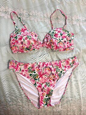 CeCe Floral Bikini Set Women's 2-Piece White Pink Green Orange L